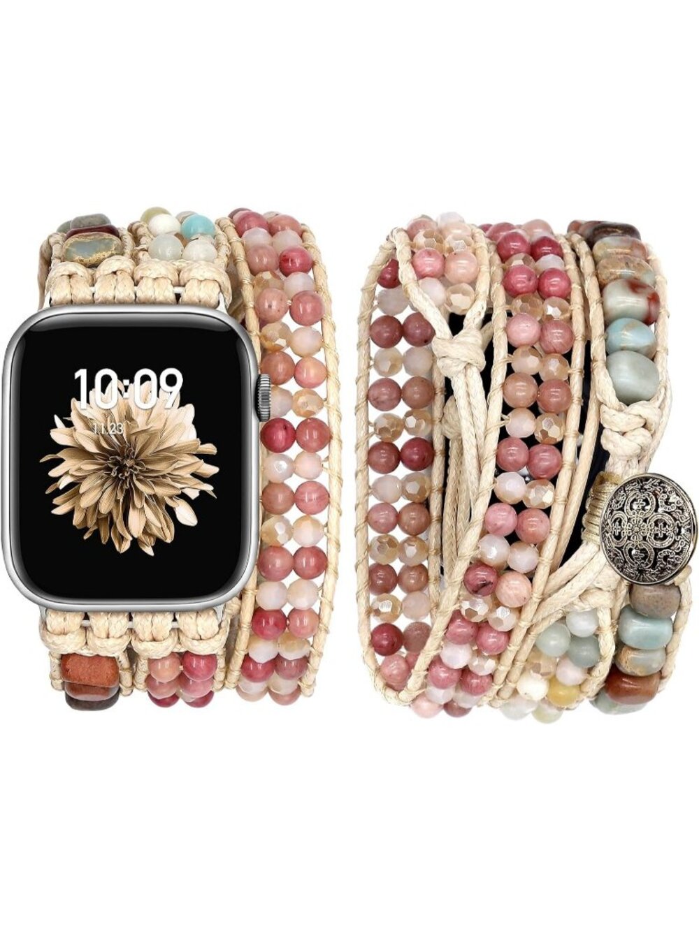 Women's Khaki Pink Boho Beaded Band Compatible with Apple Stones Bracelet Watch